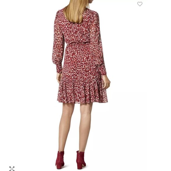 L.K.Bennett Red Burgundy Damiell Animal Print Round Neck Ruffle Hem Dress size 4 - Picture 2 of 14